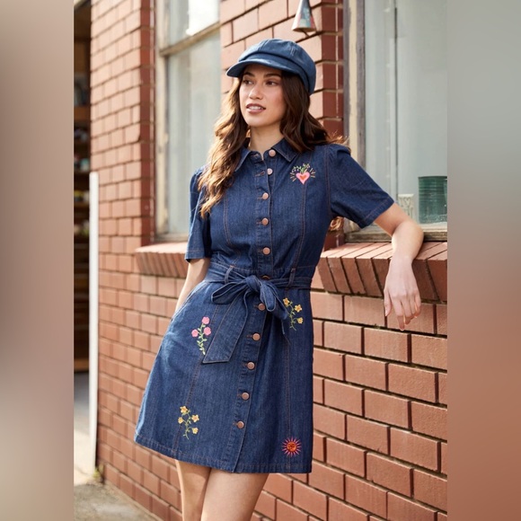 BNWT Princess Highway Folk Art Embroidered Denim Belted Dress - Picture 2 of 16